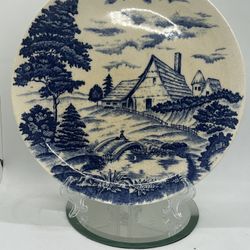 VTG Flow Blue Transferware Plate. JAPAN. Design of Country Side. 9.5”  Crazing