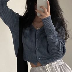 Cropped Ribbed Button-Up Knit Sweater