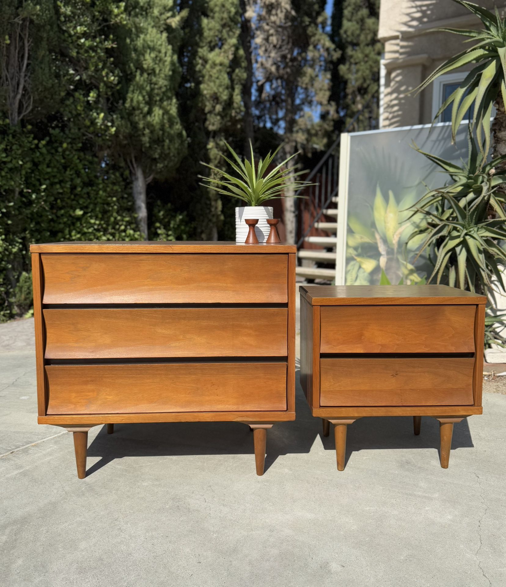 Mid Century Modern 2-Piece MCM Walnut Bedroom Set Dresser + Nightstand