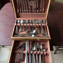 Stainless Steel Flatware Set w/ Wooden Chest (Mikasa & Oneida)  