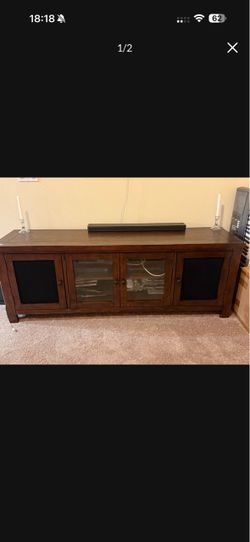 Dark Wood Entertainment Center / TV Stand – Glass Center Doors + Speaker Cloth Sides