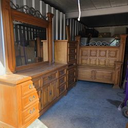 Heavy duty bedroom set - queen bed, long dresser and 2 nightstands