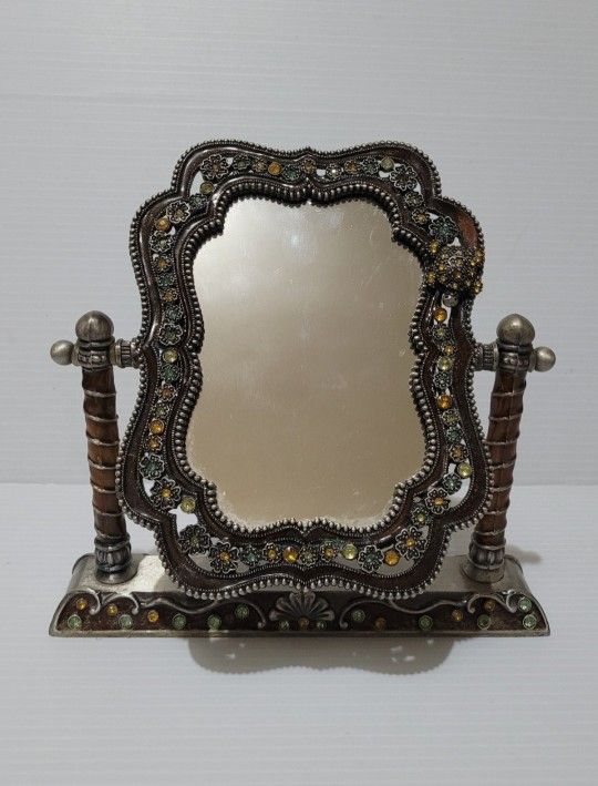 Vintage Vanity Mirror Metal Frame Ornate Floral Holders and Base Enamel Metal.