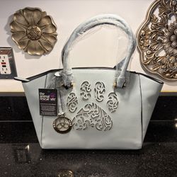 Animal Rescue Site Dog Paw Print Cutout Sky Blue Large Handbag Faux Leather NEW