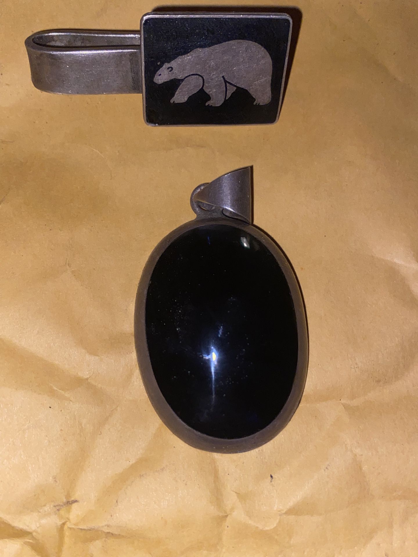 Native American vintage sterling silver large with a black stone pendant Tie Cli