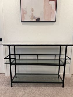 Modern Console Table with Faux Marble Top & Glass Shelves