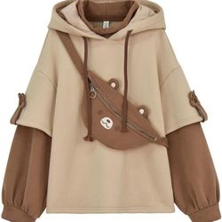 Women Kawaii Bear Anime Hoodie, Japanese Brown Cute Preppy Hooded Sweatshirt Korean Pullover with Crossbody Bag Fall Winter