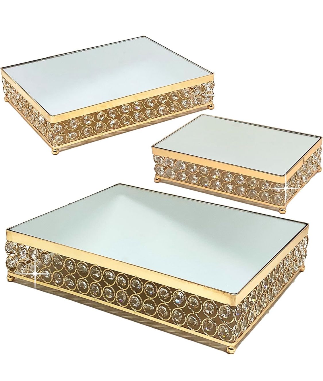 Allgala Wedding Cake Stands 3-Piece Set Crystal Gold Plated Cheese Dessert Cupcake Cake Stand with Mirror Plate-Gold Rectangle-HD89203