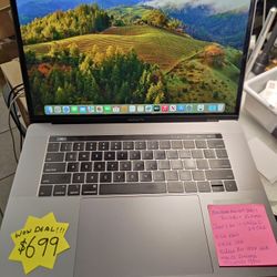 MacBook Pro 15" 2019 Retina Intel 6 Core i7-9th (contact info removed), 16GB Ram, 256GB SSD, Radeon Pro 555X 4GB Graphics, macOS Sonoma, Good Battery