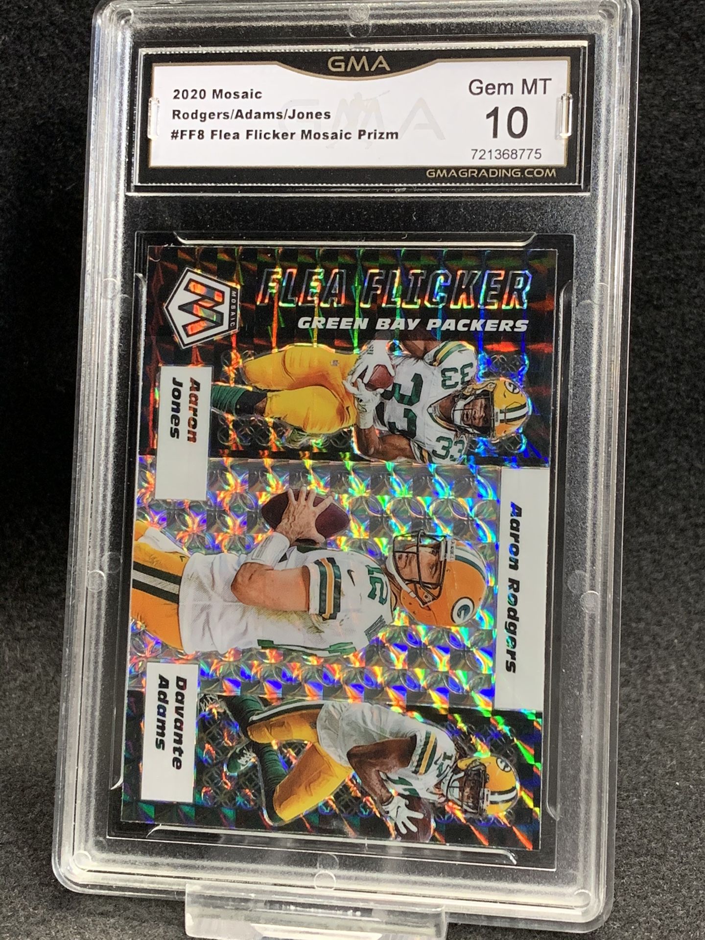 2020 Mosaic 🔥 Rodgers / Adams / Jones 🔥 Flea Flicker Mosaic SILVER Prizm GMA 10 Mint 💎 - Green Bat Packers