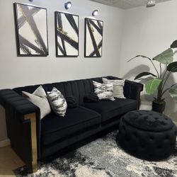 Black Velvet couch with Gold Accents