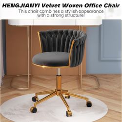 ✨Brand New✨Velvet Woven Home Office Chair — Modern Swivel Desk Chair, Height Adjustable Black Vanity Chair with Wheels & Gold Metal Base Hand Woven Ve