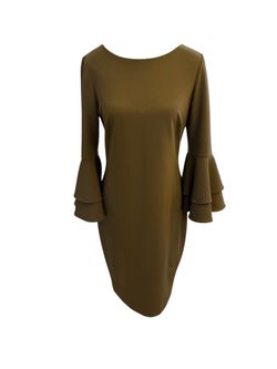 Calvin Klein Olive Green Tiered Bell Sleeve Shift Dress, Size 6