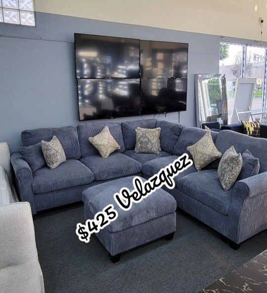 ✅️✅️ 4pc dark Grey corduroy fabric sectional sofa with rounded arms and ottoman ✅️✅️
