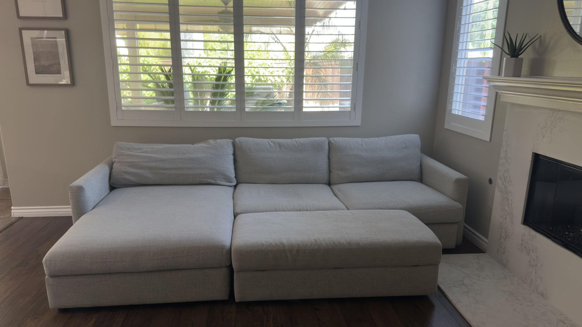 Bassett Furniture Modern gray sectional sofa couch with chaise And Storage Ottoman
