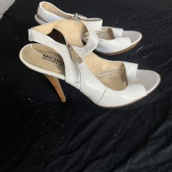 Women’s Michael Kors, white leather upper high heel sandals, size 9