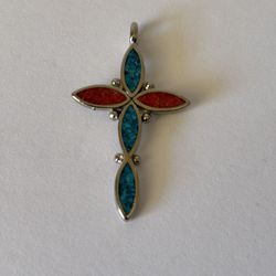Native American Turquoise And Red Coral Chip Inlay Cross Pendant 