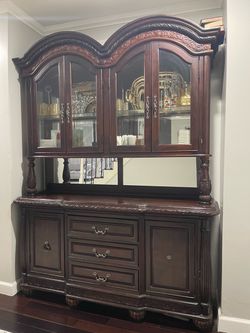 Antoinette Buffet Table with Glass Cabinet Hutch in Cherry Finish