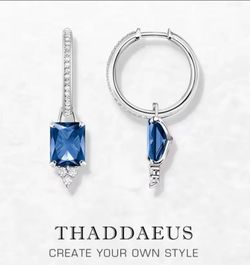 Blue sapphire hoop earrings 925 Sterling Silver