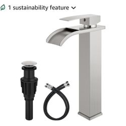 Brushed Nickel Waterfall Vessel Sink Faucet,Tall Bathroom Faucet Single-Handle Single-Hole Lavatory Vanity Sink Faucet Mixer Tap Includes Pop-Up Drain