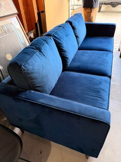 Mid-Century Modern Blue Velvet 3-Seater Sofa - living spaces