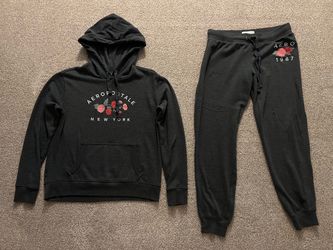 Aeropostale New York 1987 Flowers Pullover Hoodie and Jogger Sweatpants, Gray, Medium