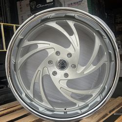 (4)26X10 AZAD DRIP SILVER BRUSHED WITH CHROME LIP RIMS (6X139.7)