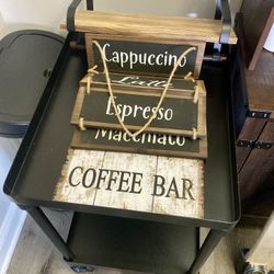 2-Tier Farmhouse/Industrial Bar/Coffee Cart W/ Decor and Wall Shelves, 24x18x30 (Free Delivery)
