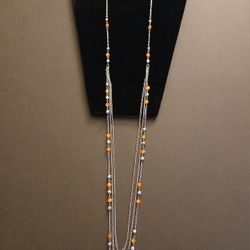 Orange and Silver Beaded, Multilayer Chain Necklace with Earrings