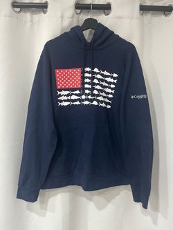 Columbia PFG Fish Flag Hoodie Navy Blue Saltwater Fishing Sweatshirt Mens Size L