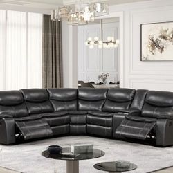 New Spacious Reclining Sectional.  Brown Or Dark Grey Breathable Leatherette.  123x110x41H.  Free Delivery!