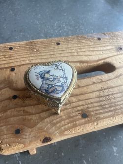 Heart-Shaped Porcelain Trinket Box Gold Tone