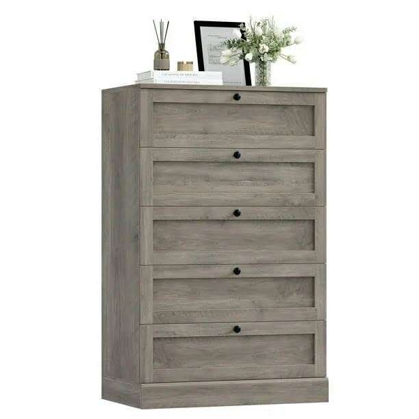 5 Drawer Bedroom Dresser, Modern Farmhouse Vertical Dresser Drawers Wood, Grey