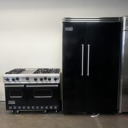 Viking 48”Wide Gas Range Stove Gloss Black And Viking 48”Wide Built In Side By Side Refrigerator 