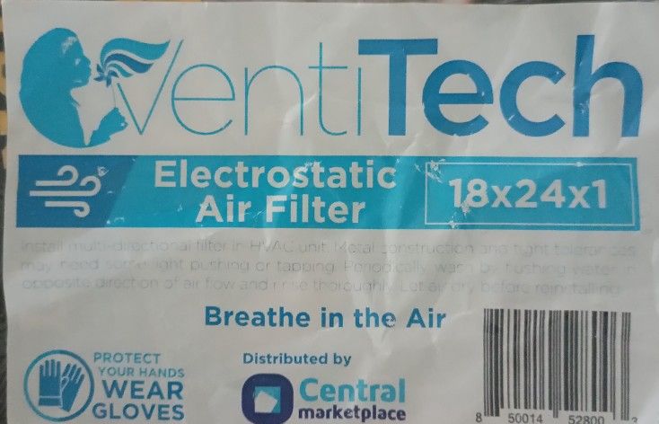 Ventitech Electrostatic Air Filter, Galvanized, 18in.x24in.x1in. 