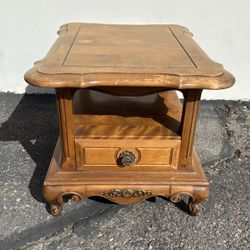 Vintage Solid Wood End Table with Drawer & Shelf