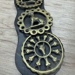 4 Vintage Horse Brass Medallions on a Leather Strap /w Key Taurus Bull Anubis