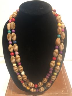 Vintage 60” cool colorful wood bead necklace
