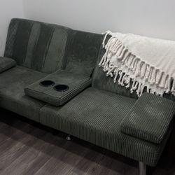 Shahoo Modern Upholstered Convertible Folding Futon Sofa Bed with Removable Armrests, Metal Legs, 2 Cup Holders for Living Room, Green