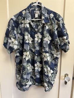 Cherokee L Waikiki Wear Hawaiian Shirt Blue Pineapple Hibiscus 