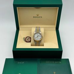 1989 Rolex Datejust 16233 36mm 18k yellow gold & stainless steel jubilee bracelet factory white roman numeral dial 18k fluted bezel box tag appraisal 