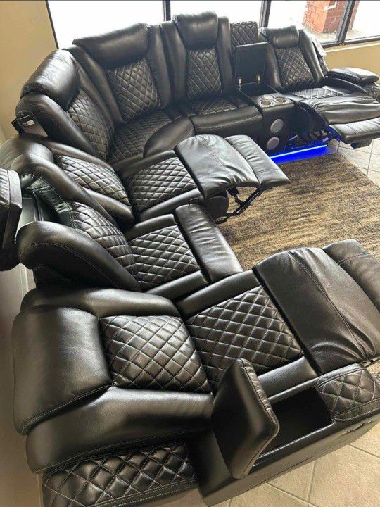 Black Leather Power Reclining Sectional with Underneath LED 