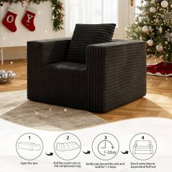 Black Single Cloud Sofa, Giant Bean Bag Chair with High Backrest & Wider Armrest, Foam Boneles