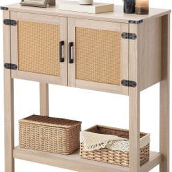 EROMMY Console Table with Rattan Doors, Farmhouse Entryway Table with Storage Cabinet, Behind Couch Table with Open Storage Shelf for Living Room and 