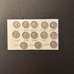 Coins – Mercury dimes – 4 different decades – 90% silver – all Philadelphia mint – Total 13 different date coins