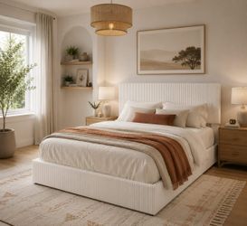 Full Bed Frame, Upholstered Platform Bed, Adjustable Vertical Channel Tufted Headboard, Corduroy Fabric, Modern Low Profile, Wooden Slats, No Box Spri