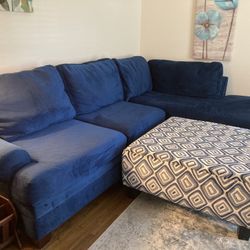 Blue Velvety Sectional Couch 