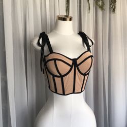 Nude Underwire Corset Crop Top With Black Trim Size XL