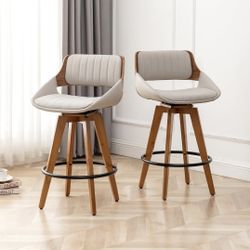 Swivel Bar Stools Set of 2 Mid Century Modern Faux Leather Upholstered Bar Height Barstools,Kitchen Island Wooden Bar Chairs,29.5-Inch Armless