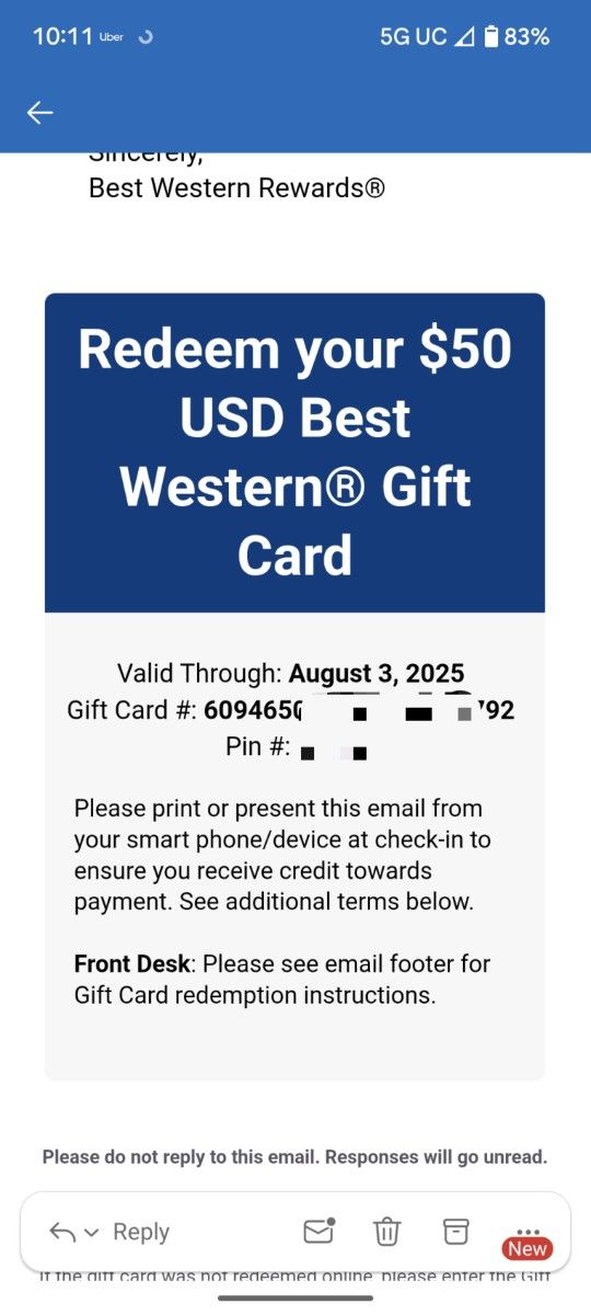 $50 BEST WESTERN GC- Expire On 8/3